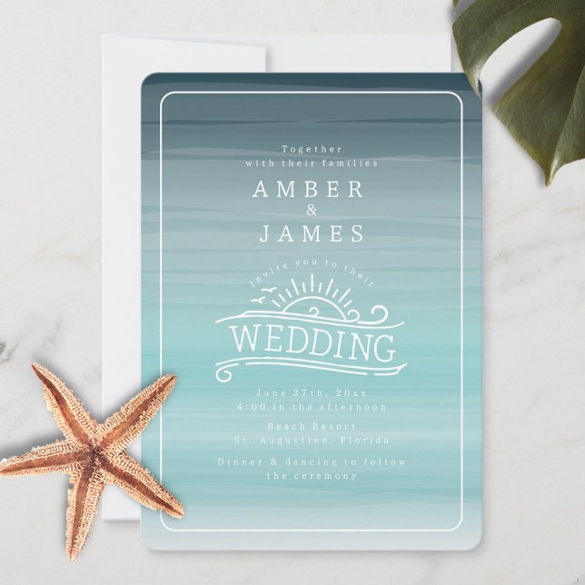 Invitación Ombre Verde azulado de casamiento en playa de arte (Subido por el creador)