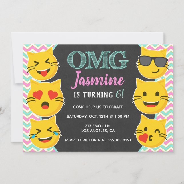 Invitación OMG Chica de Emoji de Gatos Cumpleaños (Anverso)