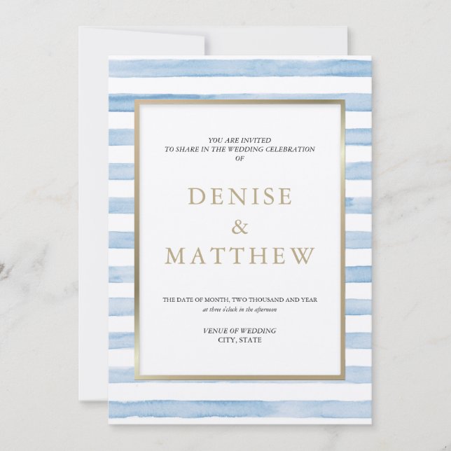 Invitación Omphalodes Franja de Acuarela Azul y Letra en Oro (Anverso)