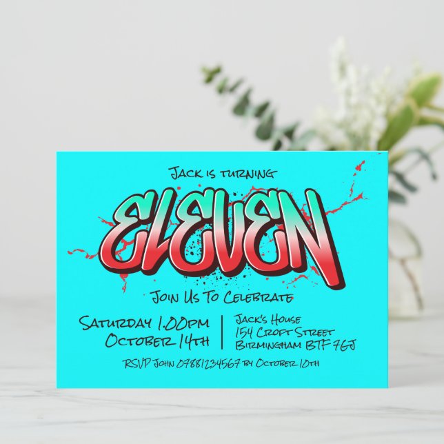 Invitación once graffiti brillante (Anverso de pie)