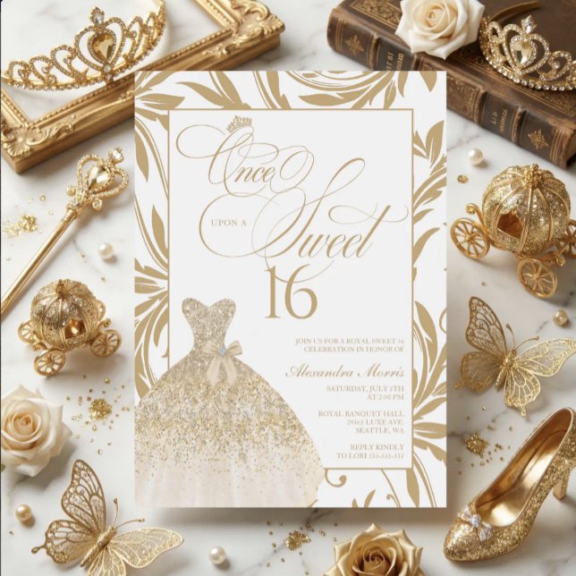 Invitación Once Upon a Sweet 16 Gold Princess Birthday (Princess Sweet 16 Invitation | Once Upon a Sweet 16 | Gold Sweet 16)