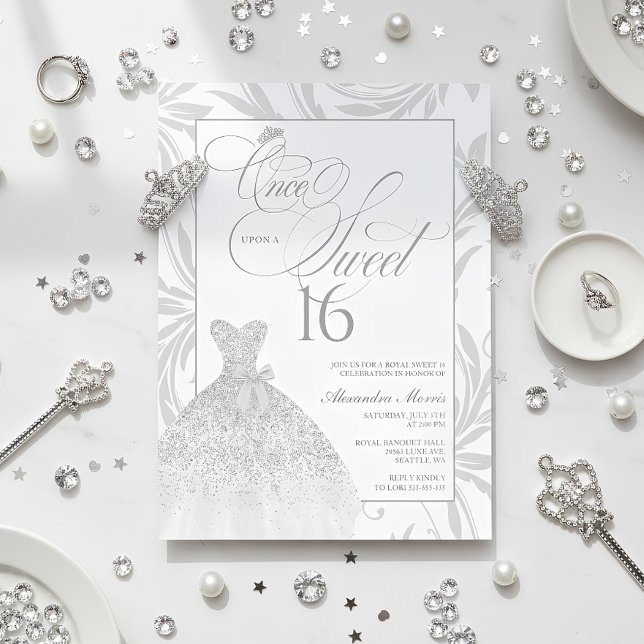 Invitación Once Upon a Sweet 16 Silver Princess Birthday (Elegant Silver Princess Sweet 16 Birthday Invitation)