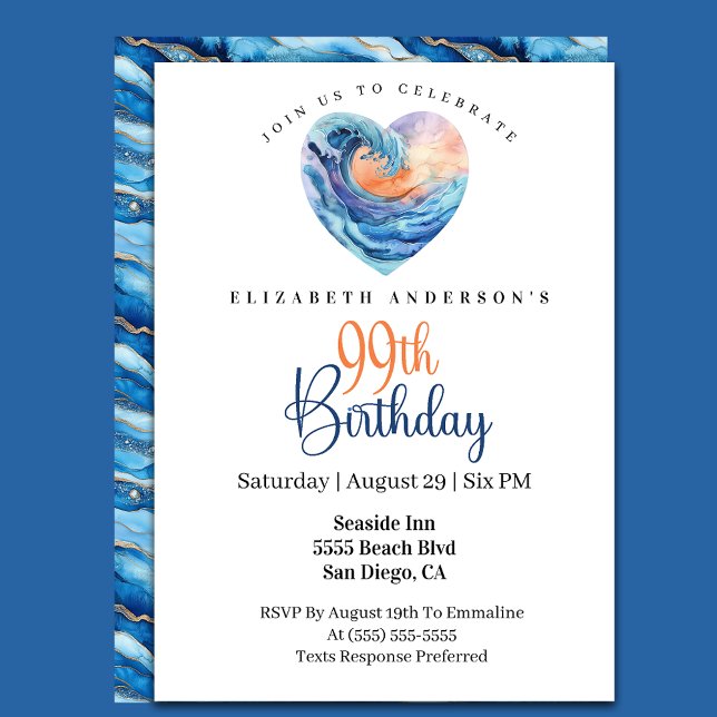 Invitación Onda del Océano Bonito Corazón Cumpleaños 99 (Subido por el creador)