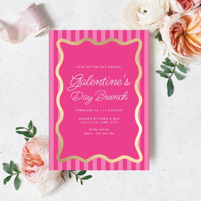 Invitación Onda Rosa Rosa Rosa Tirada Rosa Rosa Rosa Galentin (Galentines Brunch Invitation Hot Pink Stripe)
