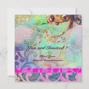 Invitación ONDAS , brillante brillo dorado rosa azul violeta