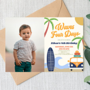 Invitación Ondas cuatro días de surf Board Blue 4Cumpleaños F