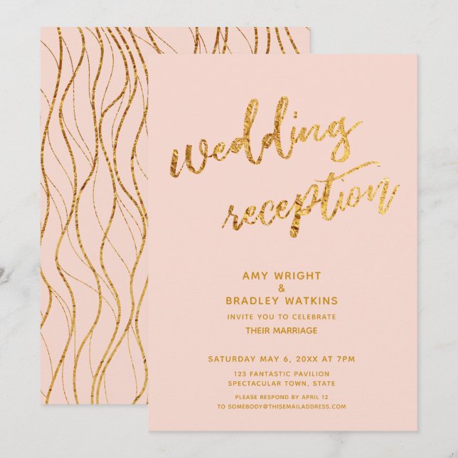 Invitación Ondas doradas y recepción de bodas Rubor con escri (Anverso / Reverso)