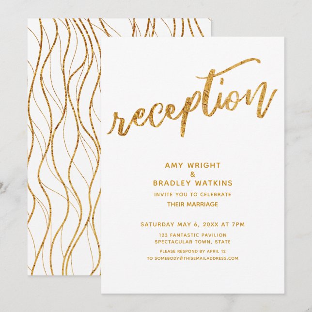 Invitación Ondas doradas y recepción de la boda blanca con es (Anverso / Reverso)