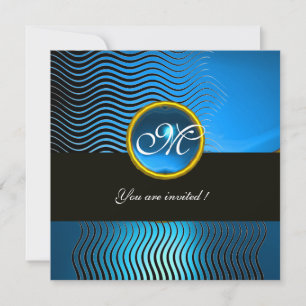 Invitación ONDAS ESTILIZADAS MONOGRAMA, zafiro azul