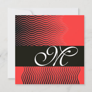 Invitación ONDAS ESTILOSAS MONOGRAMA, negro y blanco,rojo