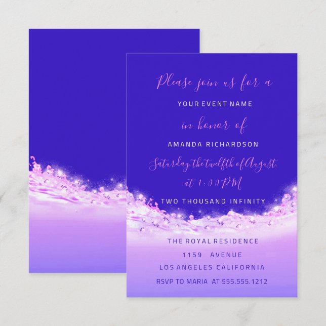 Invitación Ondas rosas Océano rosa Morado Morado dulce de nov (Anverso / Reverso)
