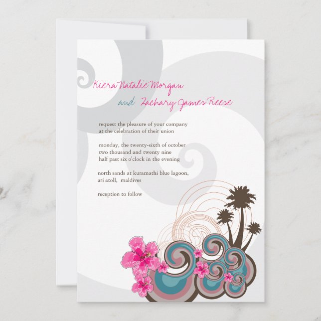 Invitación Ondas tropicales de Hibiscus rosa Boda de destino (Anverso)