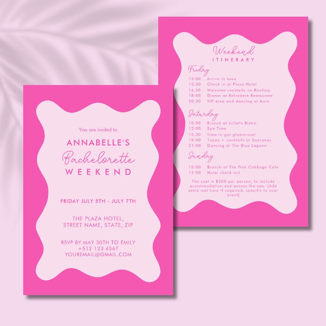 Invitación ondulada de la Bachelorette Itineraria  (Modern pink wavy Bachelorette Weekend Invitation with itinerary)