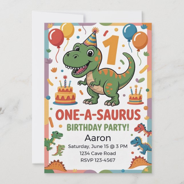 Invitación One-A-Saurus 1er Cumpleaños | Dinosaurio Verde (Anverso)