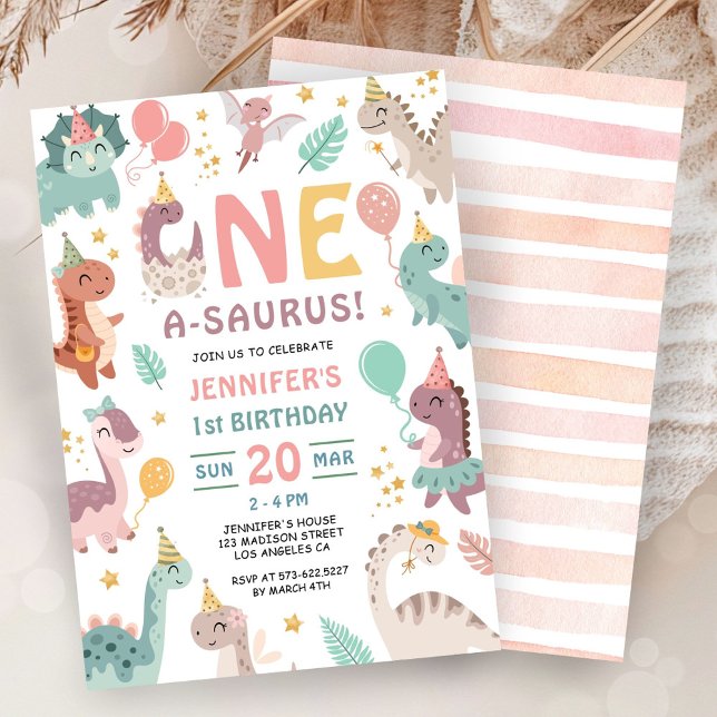 Invitación One A Saurus Dinosaur Girl 1st Birthday Invitation (Subido por el creador)