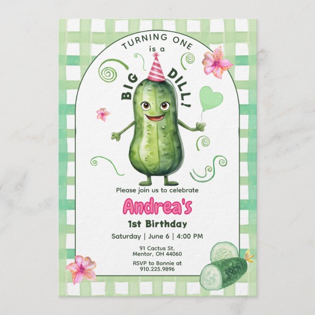Invitación One Big Dill Pickle First Birthday Pink (Anverso)