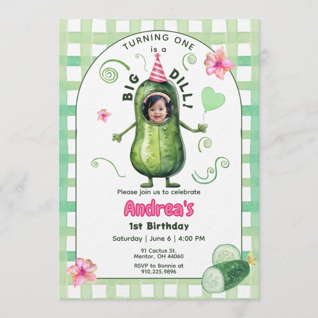Invitación One Big Dill Pickle First Birthday Pink Photo (Anverso)