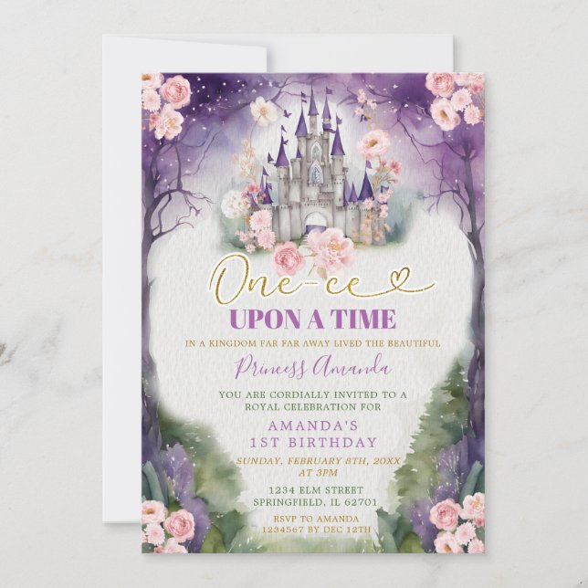 Invitación One-ce Upon A Time Purple Castle 1er cumpleaños (Anverso)