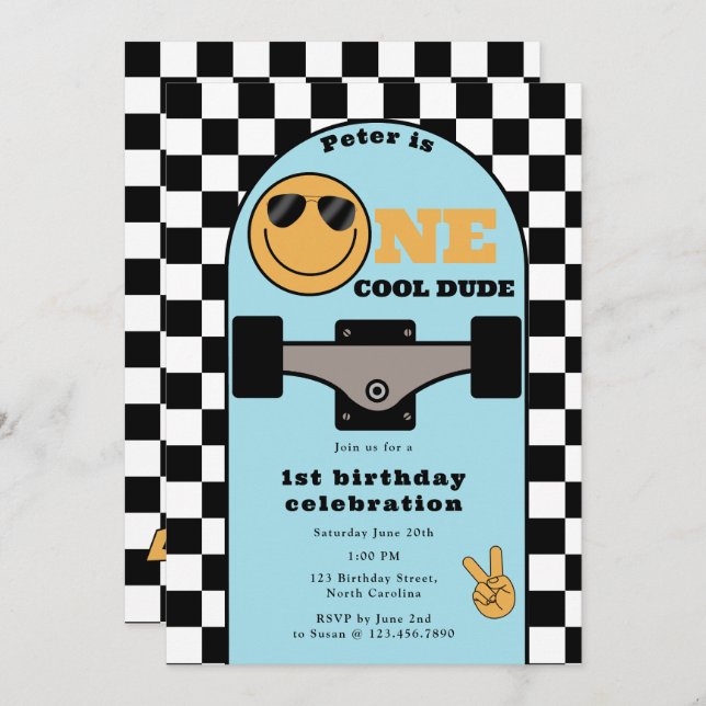 Invitación One Cool Dude Invite 1st First Birthday Skateboard (Anverso / Reverso)