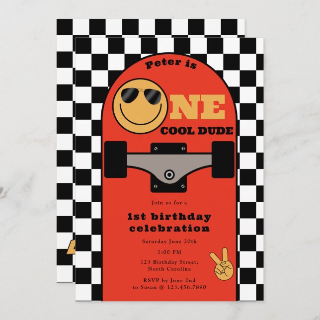 Invitación One Cool Dude Invite 1st First Birthday Skateboard (Anverso / Reverso)