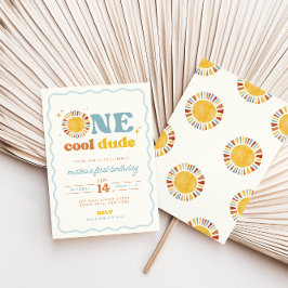 Invitación One Cool Dude Retro Sun First Birthday Invitation