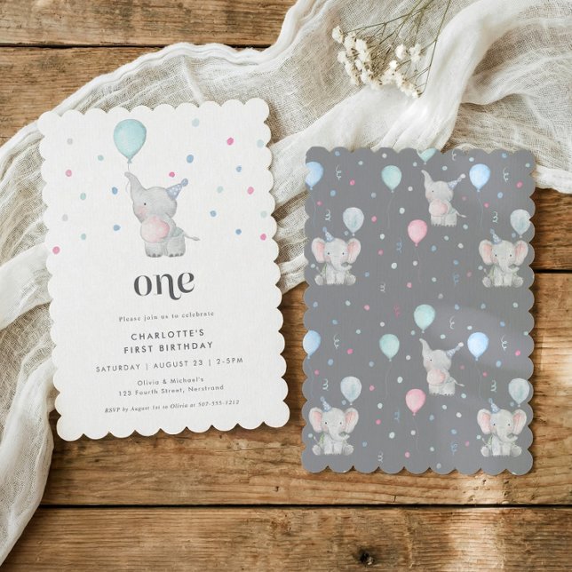 Invitación One Cute Baby Elephant 1st Birthday Party (Cute baby elephant first birthday party invitations for 1st birthdays)