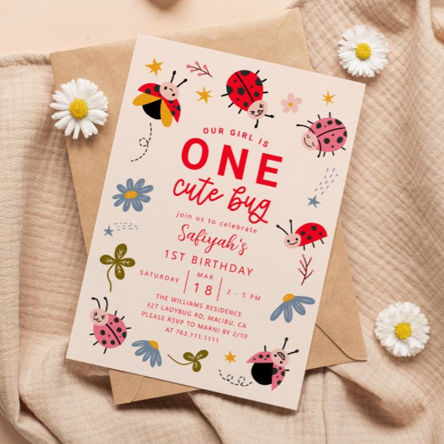 Invitación ONE Cute Bug Ladybug Primer Fiesta de cumpleaños (Subido por el creador)