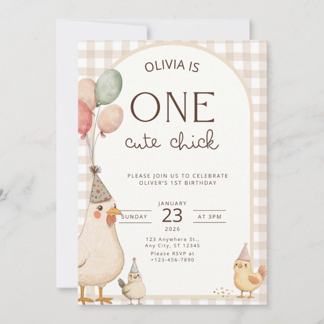 Invitación One Cute Chick Birthday This Chick is One (Anverso)