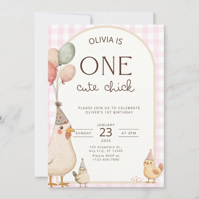 Invitación One Cute Chick Birthday This Chick is One (Anverso)