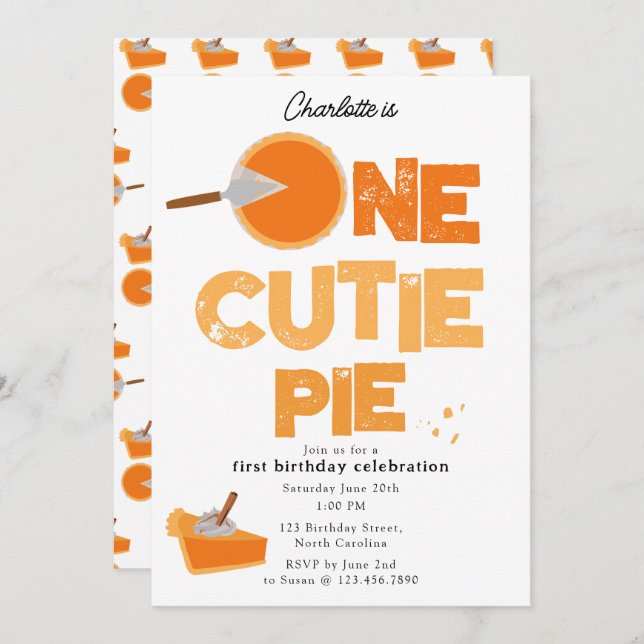 Invitación One Cutie Pie Invite 1st First Birthday Cute (Anverso / Reverso)