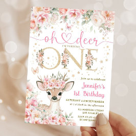 Invitación One-Deer-Ful Birthday Girl Pink Gold Invitation