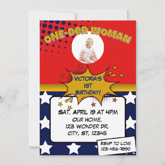 Invitación One-Der Woman, Superhero 1st Birthday  (Anverso)