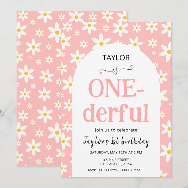 Invitación ONE-derful Pink Daisy 1st Birthday (Anverso / Reverso)