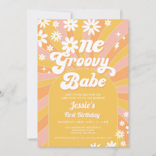 Invitación One Groovy Babe Pink Daisy Sunshine primer cumplea