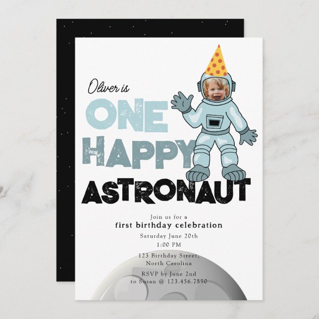 Invitación One Happy Astronaut Photo 1st  First Birthday (Anverso / Reverso)
