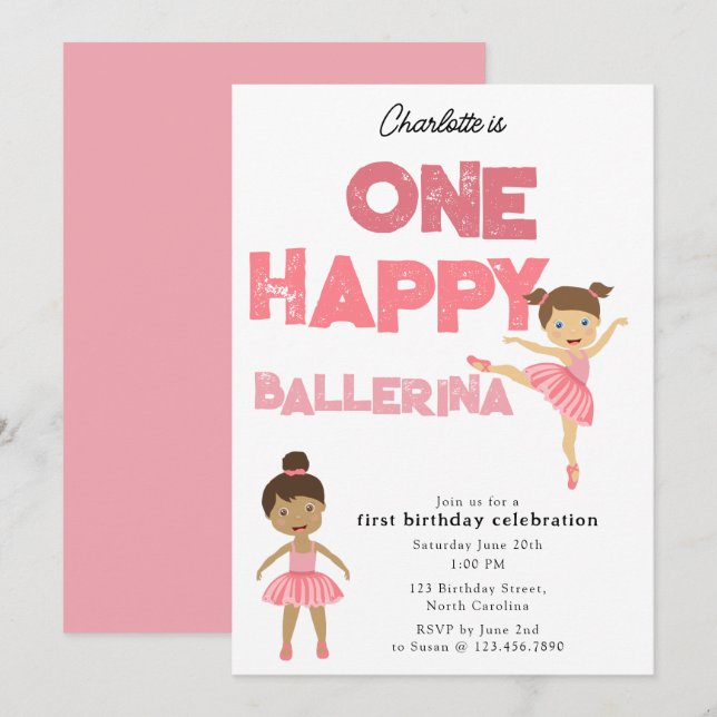 Invitación One Happy Ballerina Invite 1st Girl Birthday (Anverso / Reverso)