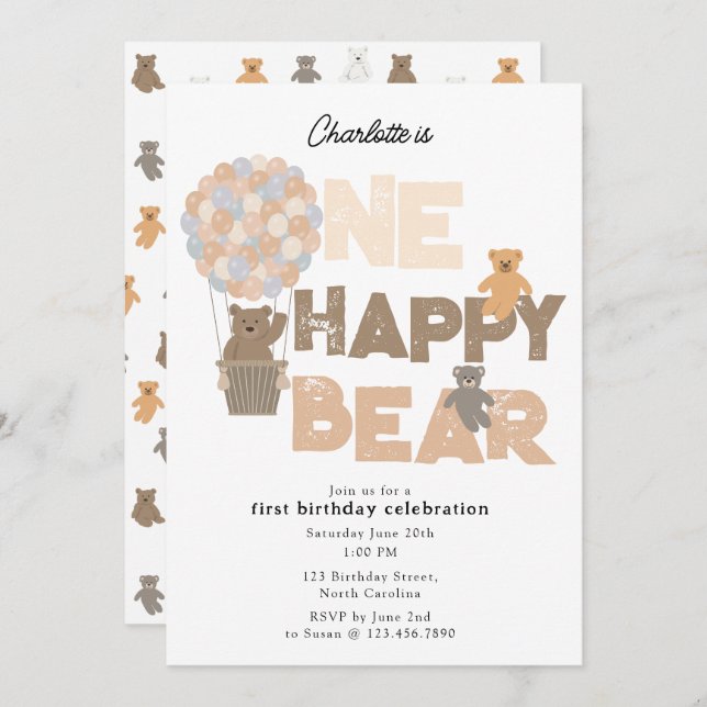 Invitación One Happy Bear Invite 1st  First Birthday Cute (Anverso / Reverso)