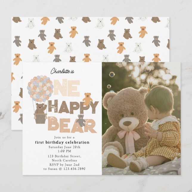 Invitación One Happy Bear Invite 1st  First Birthday Photo (Anverso / Reverso)