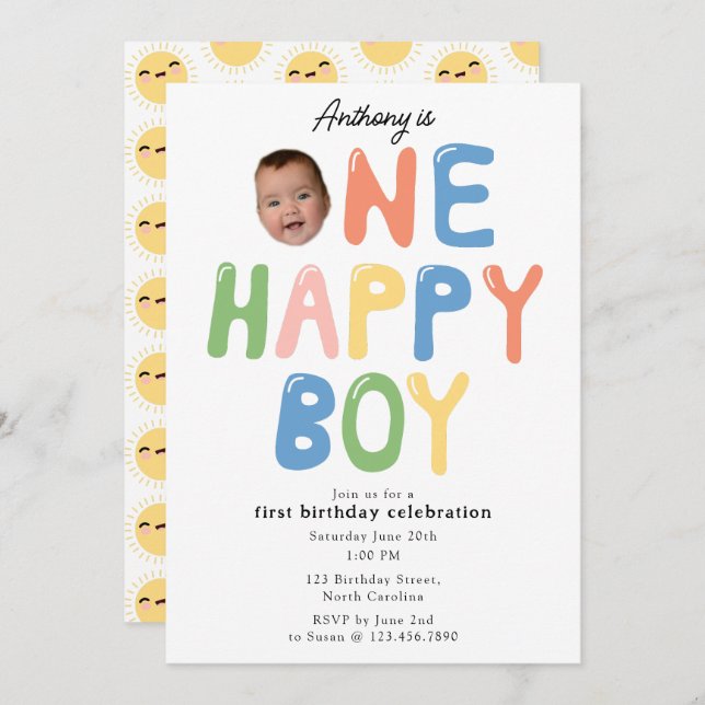 Invitación One Happy Boy Birthday Invite 1st Birthday Photo (Anverso / Reverso)