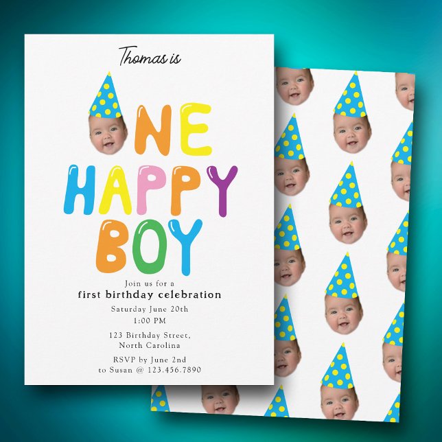 Invitación One Happy Boy  Birthday Invite 1st Birthday Photo  (One Happy Boy Birthday Invite 1st Birthday Photo)