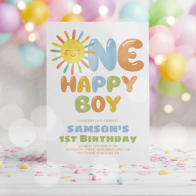 Invitación One Happy Boy Sun 1st Birthday Blue (One Happy Boy! Boy's sun 1st birthday invitation)