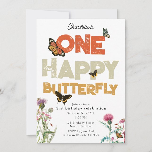 Invitación One Happy Butterfly Invite 1st Wildflower Birthday (Anverso)