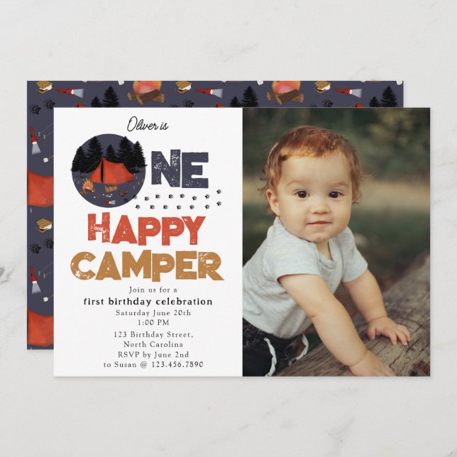 Invitación One Happy Camper 1st Summer Birthday Photo (Anverso / Reverso)