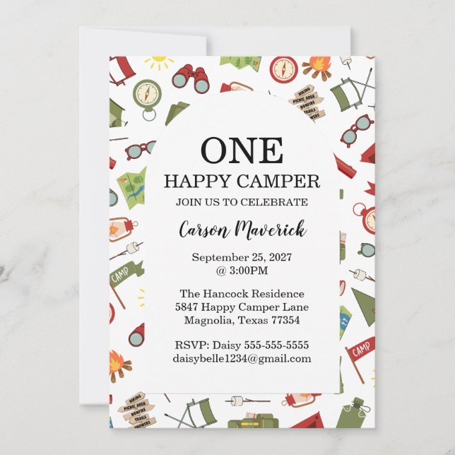 Invitación One Happy Camper Adventure Birthday (Anverso)