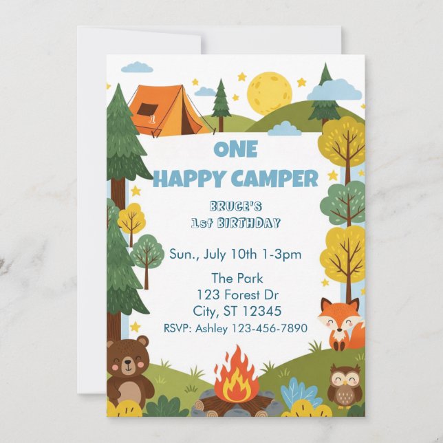 Invitación One Happy Camper, Animals 1st Birthday (Anverso)