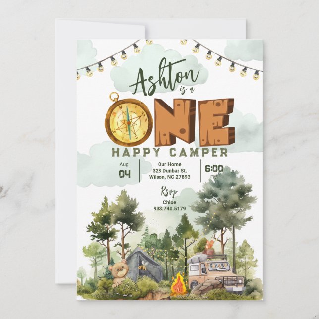 Invitación One Happy Camper First Birthday Invitation (Anverso)
