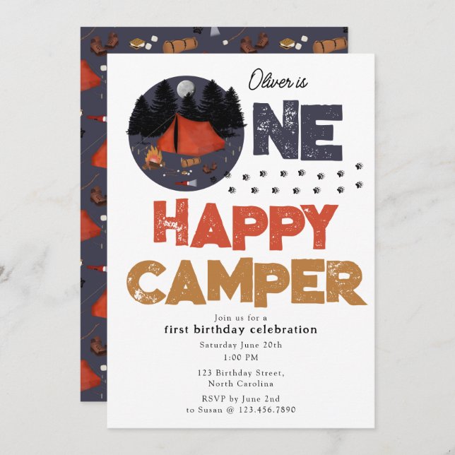 Invitación One Happy Camper Invite 1st Summer Birthday (Anverso / Reverso)