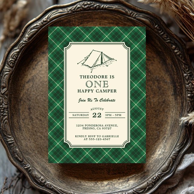 Invitación One Happy Camper Preppy Vintage Tartan Plaid (Subido por el creador)