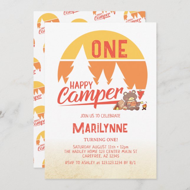 Invitación One Happy Camper Retro 1er cumpleaños (Anverso / Reverso)