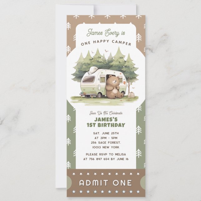 Invitación One Happy Camper Ticket Admit One (Anverso)